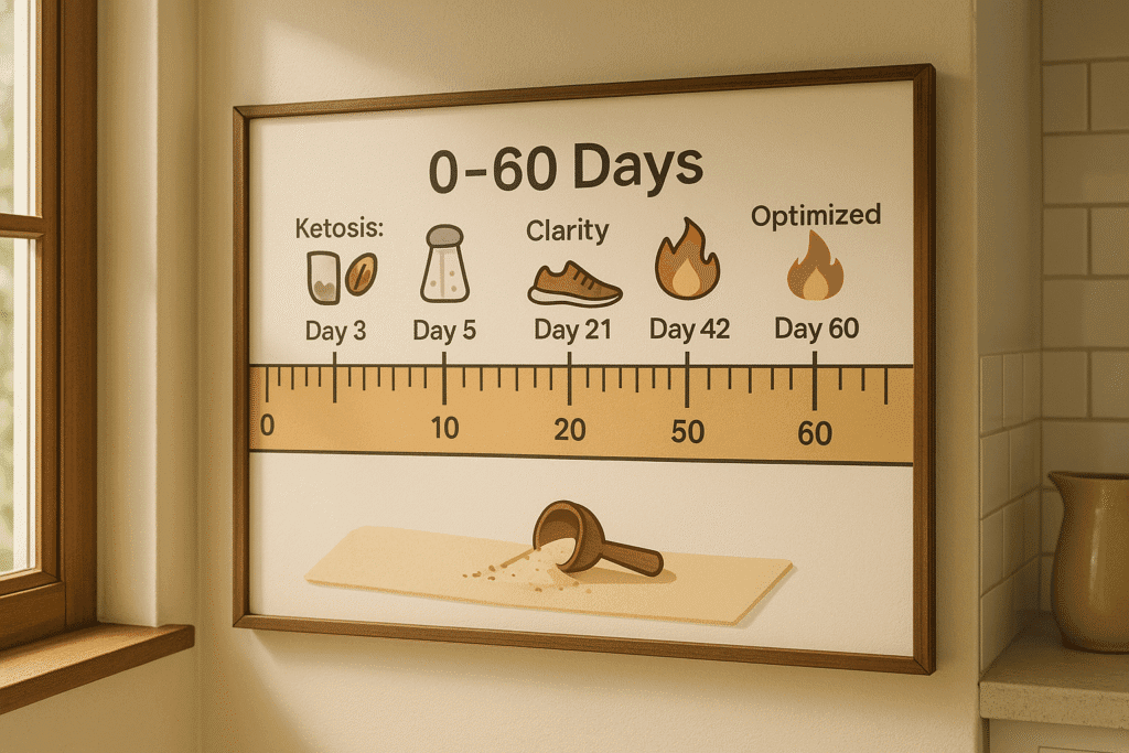 A timeline ruler marked “0–60 Days” with milestones: “Ketosis: Day 3”, “Energy Dip: Day 5”, “Clarity: Day 21”, “Fat Adapted: Day 42”, “Optimized: Day 60”. Each marked with symbolic icons (salt shaker, brain, running shoe, flame). Mounted on a kitchen wall beside a window with morning light.