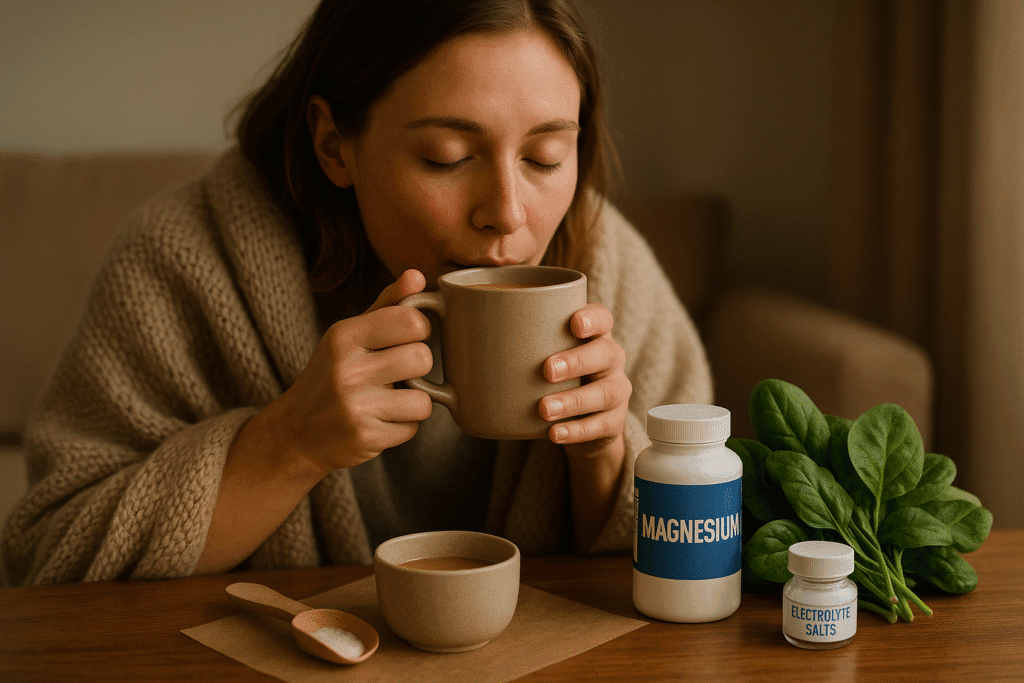 A person sipping warm broth from a mug, wrapped in a cozy blanket, eyes closed in relief. Beside them: magnesium bottle, potassium-rich spinach, electrolyte salts. Soft, restful ambiance.