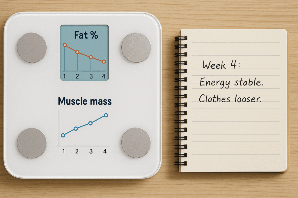 A body composition scale showing decreasing fat % and stable/increasing muscle mass over 4 weeks. Beside it: journal with notes “Week 4: Energy stable. Clothes looser.”