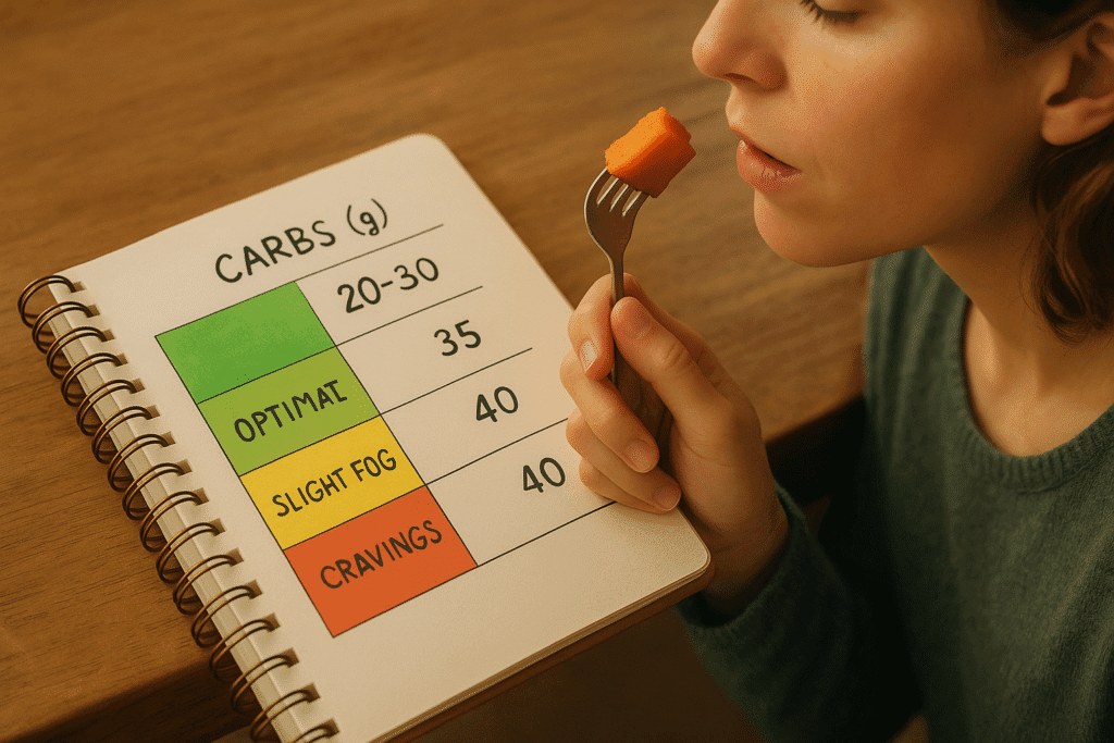 A color-coded chart in a journal: green zone (20–30g carbs = optimal), yellow (35g = slight fog), red (40g = cravings). Person thoughtfully tasting a small sweet potato bite.