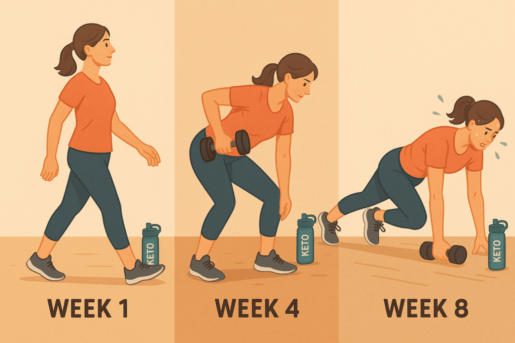A progressive workout timeline: Week 1 (walking), Week 4 (dumbbell rows), Week 8 (HIIT session)—same person, increasing intensity, all with keto water bottle nearby.