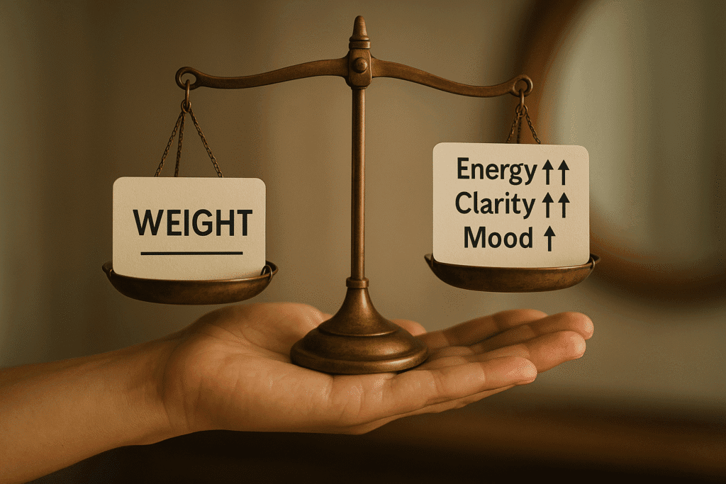 A hand holding two scales: one shows weight (flat line), the other shows “Energy: ↑↑”, “Clarity: ↑↑”, “Mood: ↑”. Background: blurred mirror.