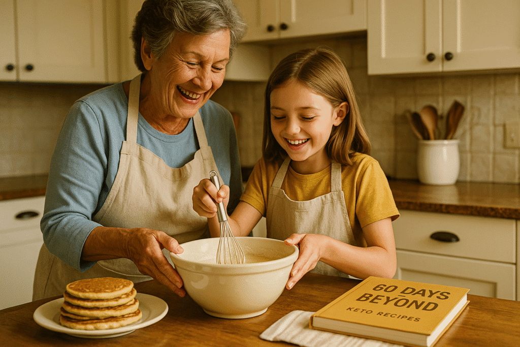 A generational kitchen scene: person teaching a child to make keto pancakes, both smiling. Recipe book titled “60 Days & Beyond” on counter.