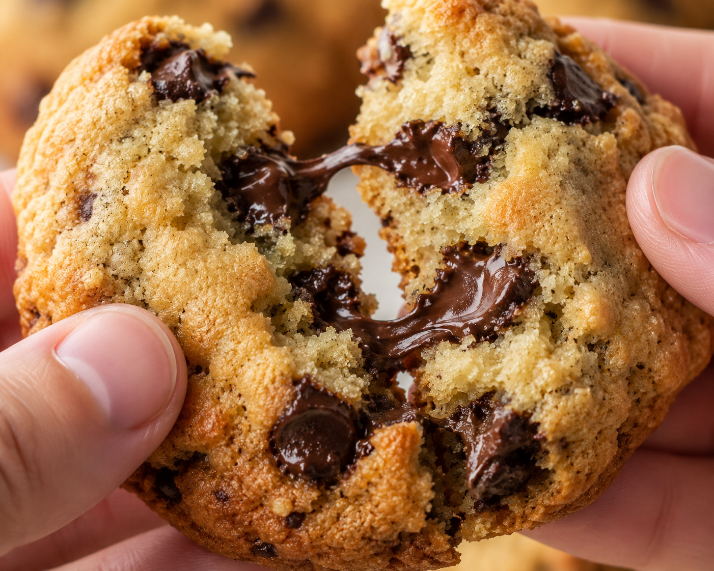 Chewy keto chocolate chip cookie broken open with melted sugar-free chocolate chips