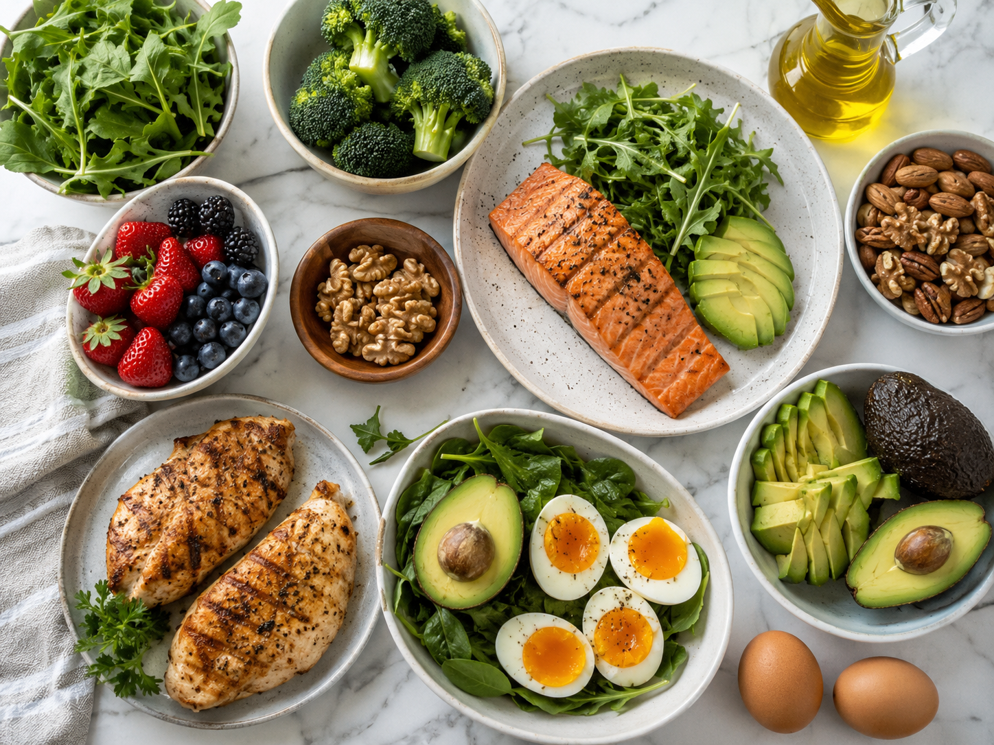 Complete keto diet plan for weight loss with salmon, avocado, eggs and low-carb vegetables.