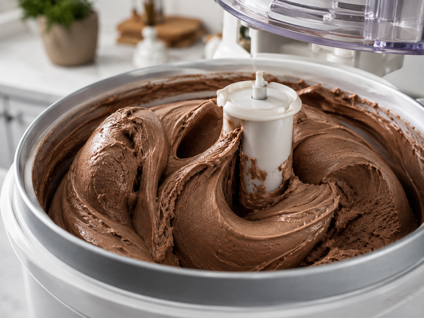 Creamy Keto Chocolate Ice Cream churning in an ice cream maker before freezing