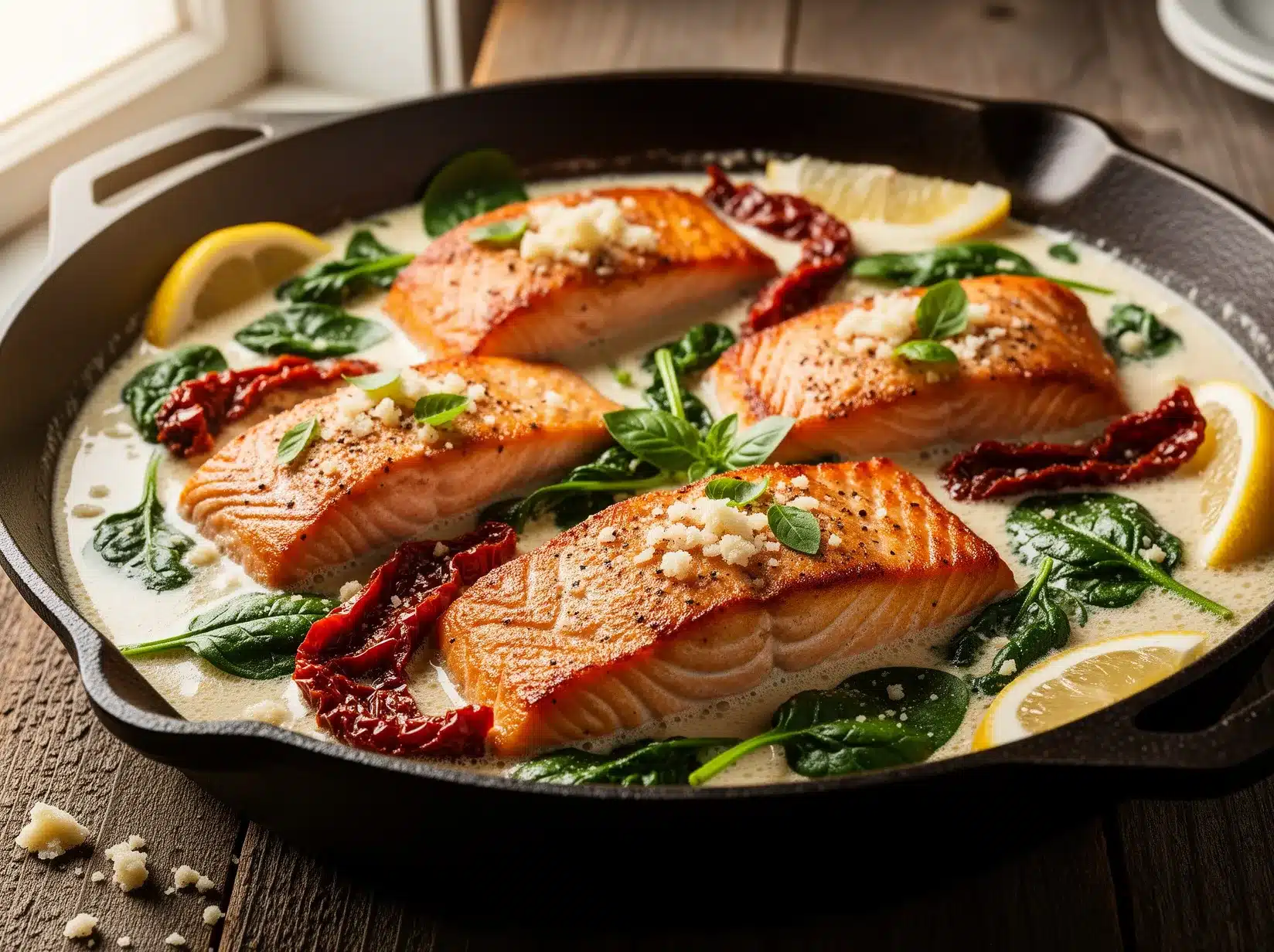 Creamy Tuscan salmon recipe with spinach, sun-dried tomatoes and Parmesan sauce in a skillet