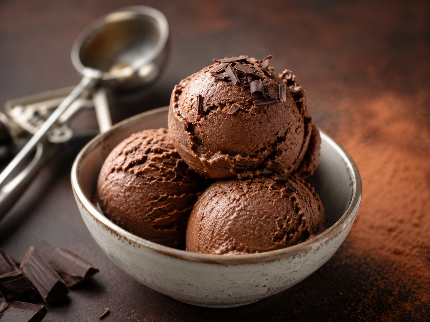 Creamy homemade Keto Chocolate Ice Cream with rich dark chocolate scoops in a ceramic bowl.