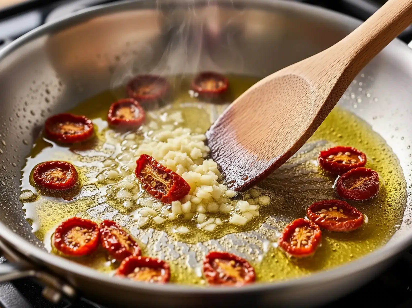 Garlic and sun-dried tomatoes cooking in a skillet for creamy Tuscan salmon sauce