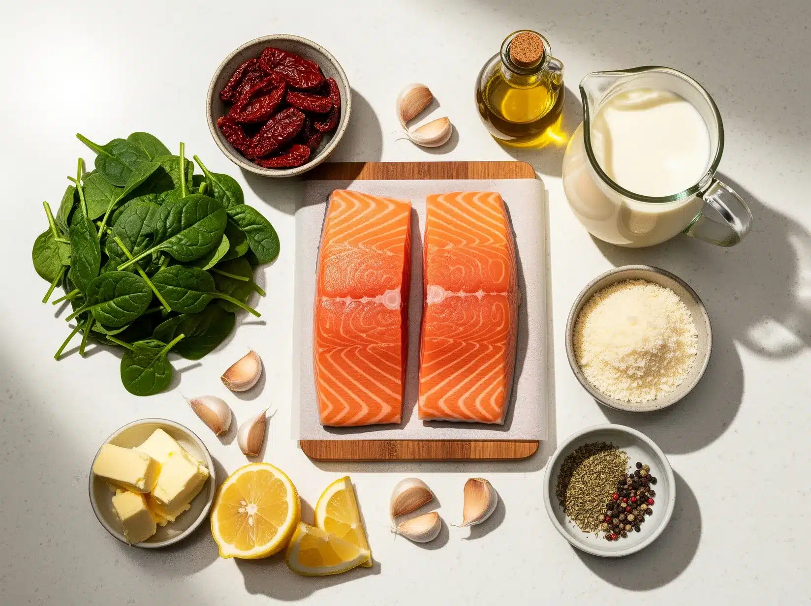 Ingredients for creamy Tuscan salmon with fresh salmon, spinach, sun-dried tomatoes, cream and Parmesan.
