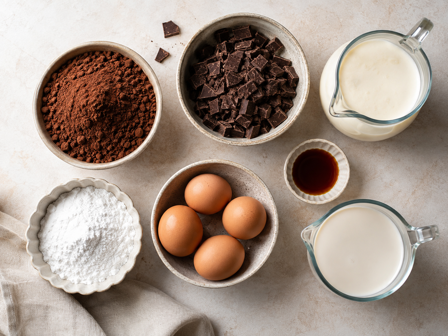 Ingredients for sugar free Keto Chocolate Ice Cream including cocoa, cream, eggs, allulose, chocolate and almond milk.