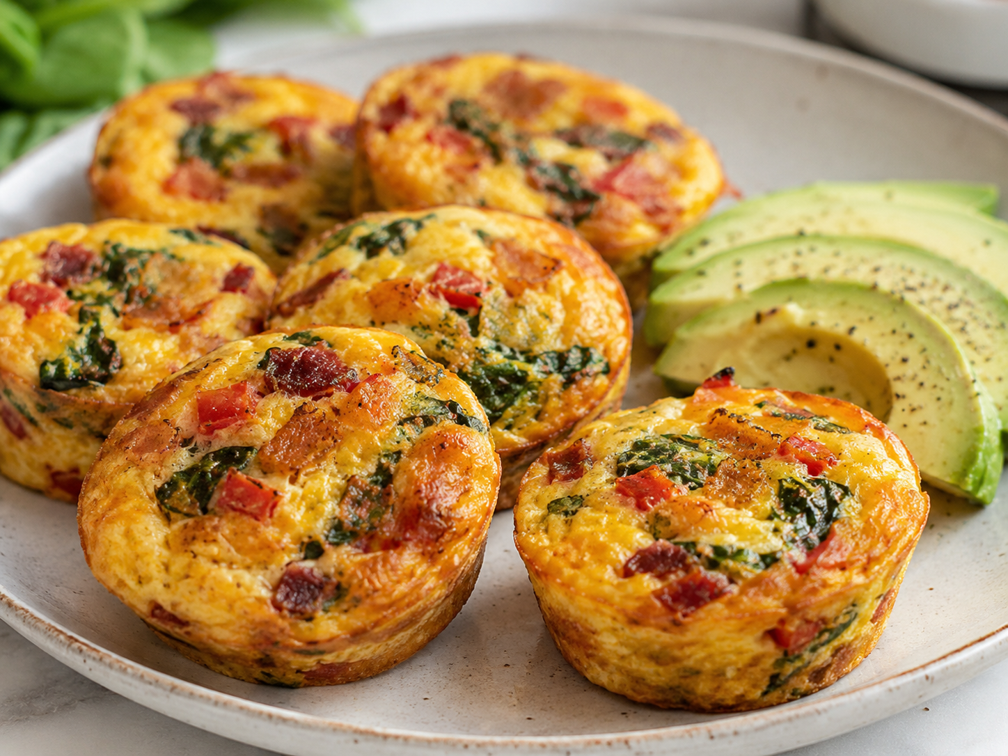 Keto egg muffins with bacon, cheddar cheese, spinach, and bell peppers for an easy low carb breakfast.