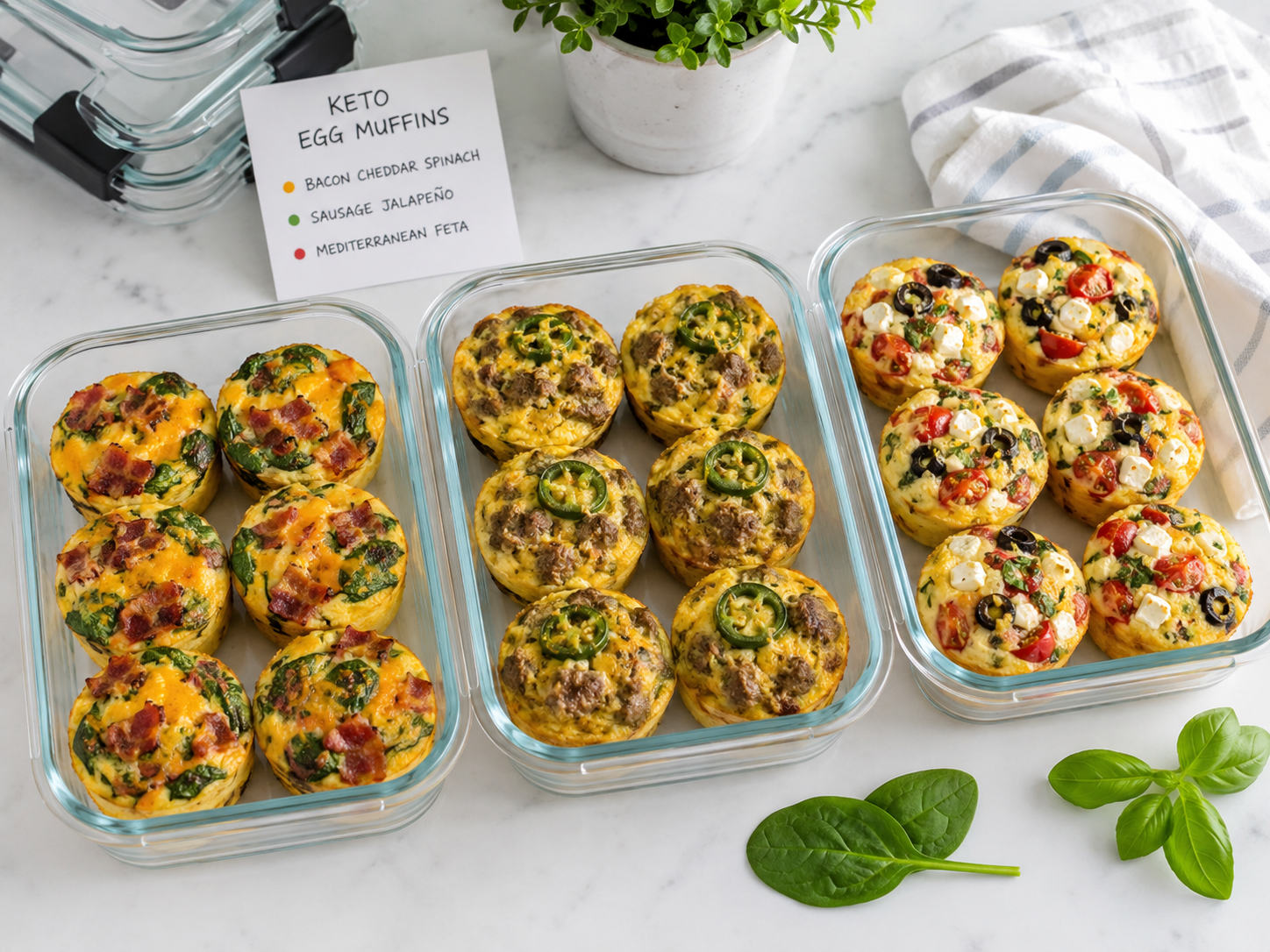 Low carb keto egg muffin variations prepared for breakfast meal prep