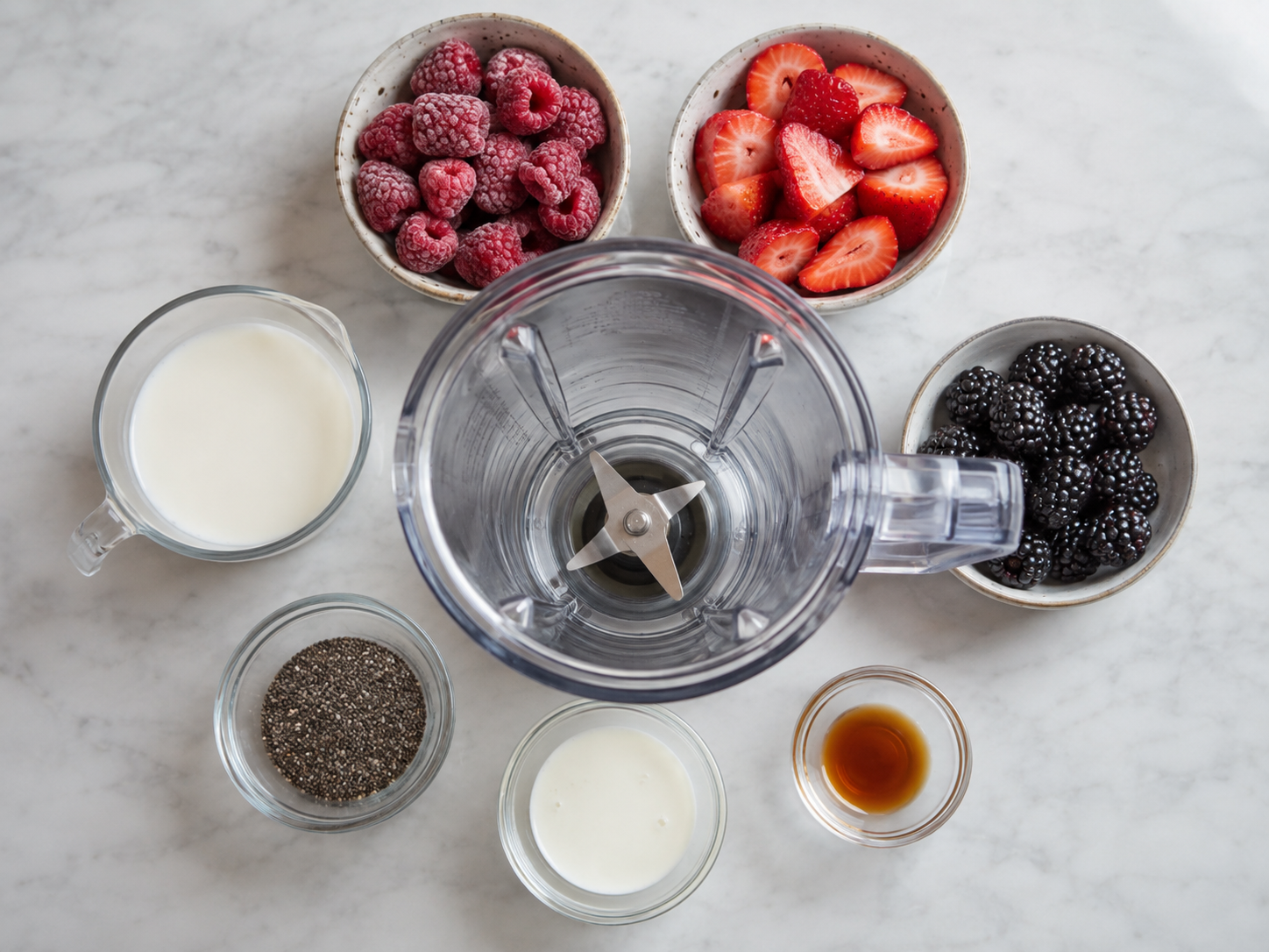 Overhead ingredient photo showing measured frozen raspberries, strawberries, blackberries, almond milk, chia seeds, heavy cream and vanilla in small bowls around a blender cup. Clean light kitchen background, realistic food photography, no text.