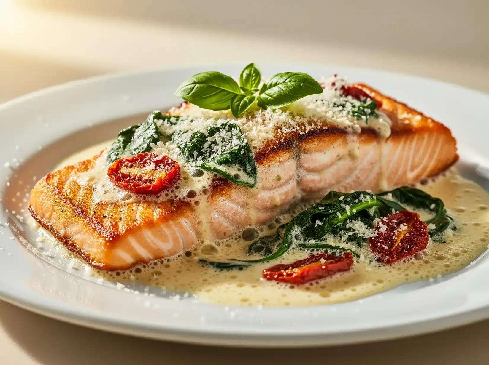 Pan-seared salmon in creamy garlic Parmesan sauce with spinach and sun-dried tomatoes