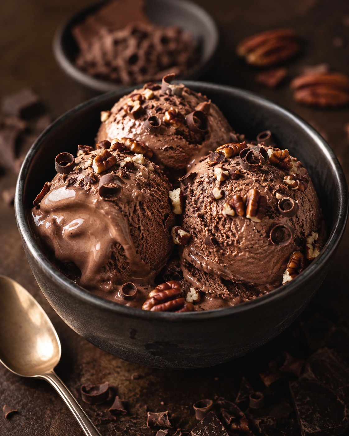 Scoopable low carb chocolate ice cream topped with sugar free chocolate curls and toasted pecans