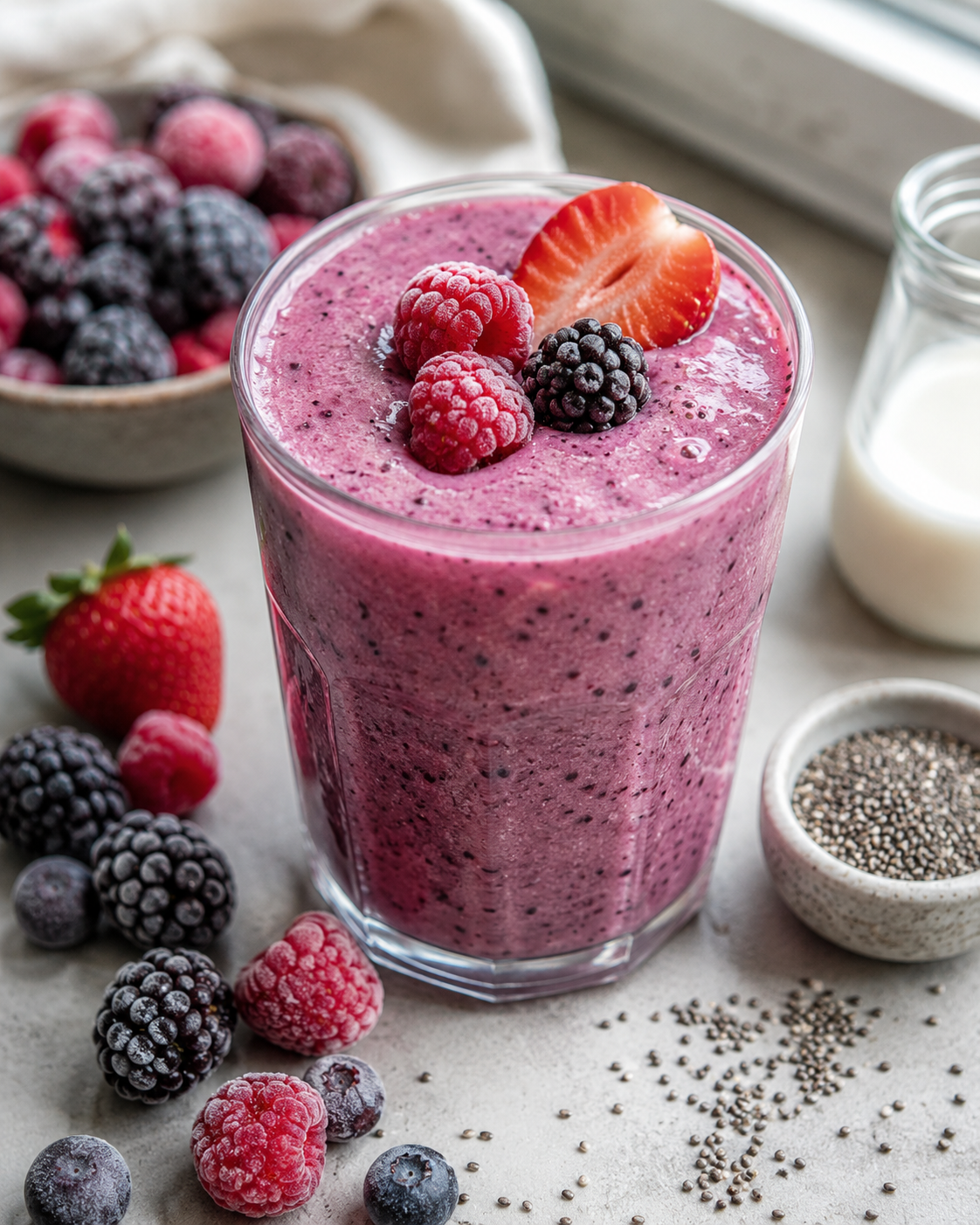 close-up of a thick pink-purple keto berry smoothie in a clear glass, topped with two raspberries, one blackberry and a sliced strawberry. Frozen berries, chia seeds and unsweetened almond milk arranged naturally around the glass. Bright natural window light, realistic American food photography, no text.
