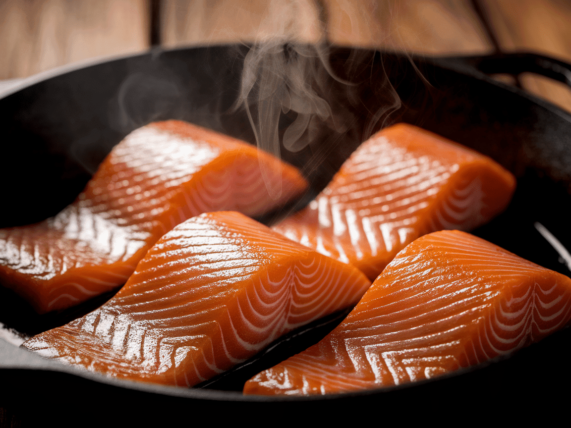 Close-up of four salmon fillets with a crispy golden crust searing in a cast iron skillet, professional lighting.
