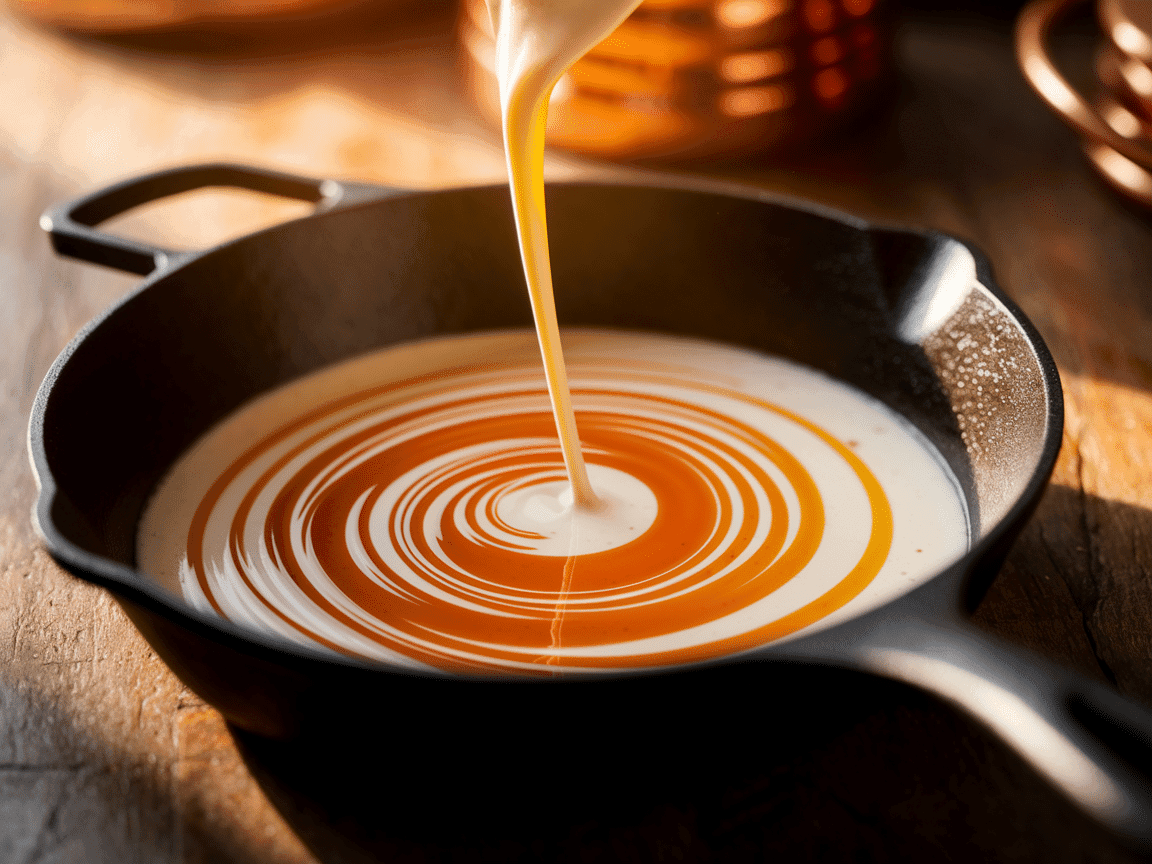 Creamy white sauce base being stirred in a skillet, swirling orange oil.