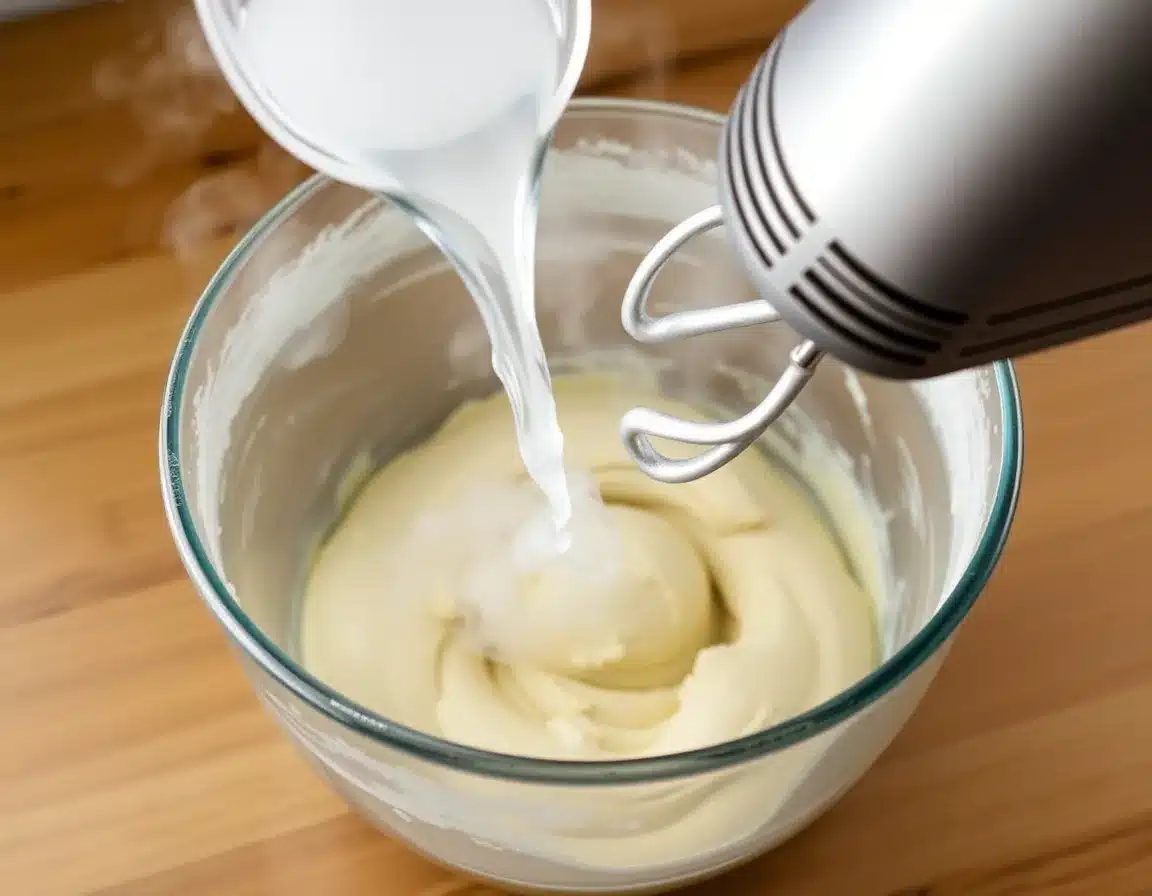 Steaming boiling water being poured into a mixing bowl while a hand mixer creates a thick, elastic dough