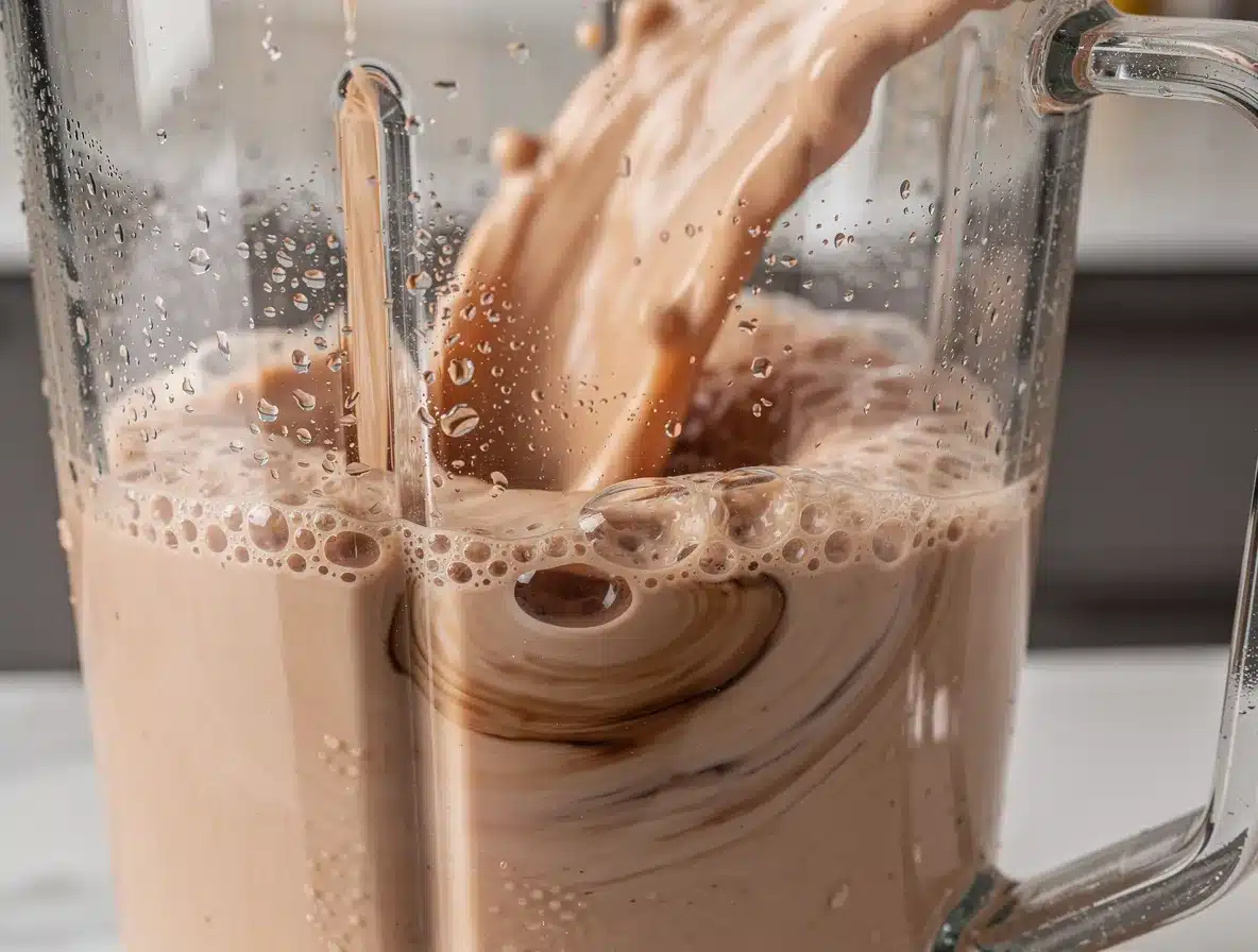 Action shot of a blender whirring, creating a light brown, frothy mocha liquid with plenty of bubbles.