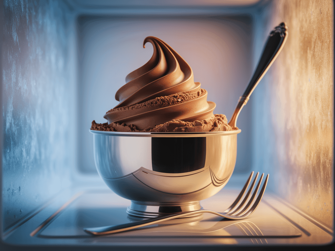 Metal bowl with Chocolate Ice Cream mixture in freezer, fork beside it, action shot