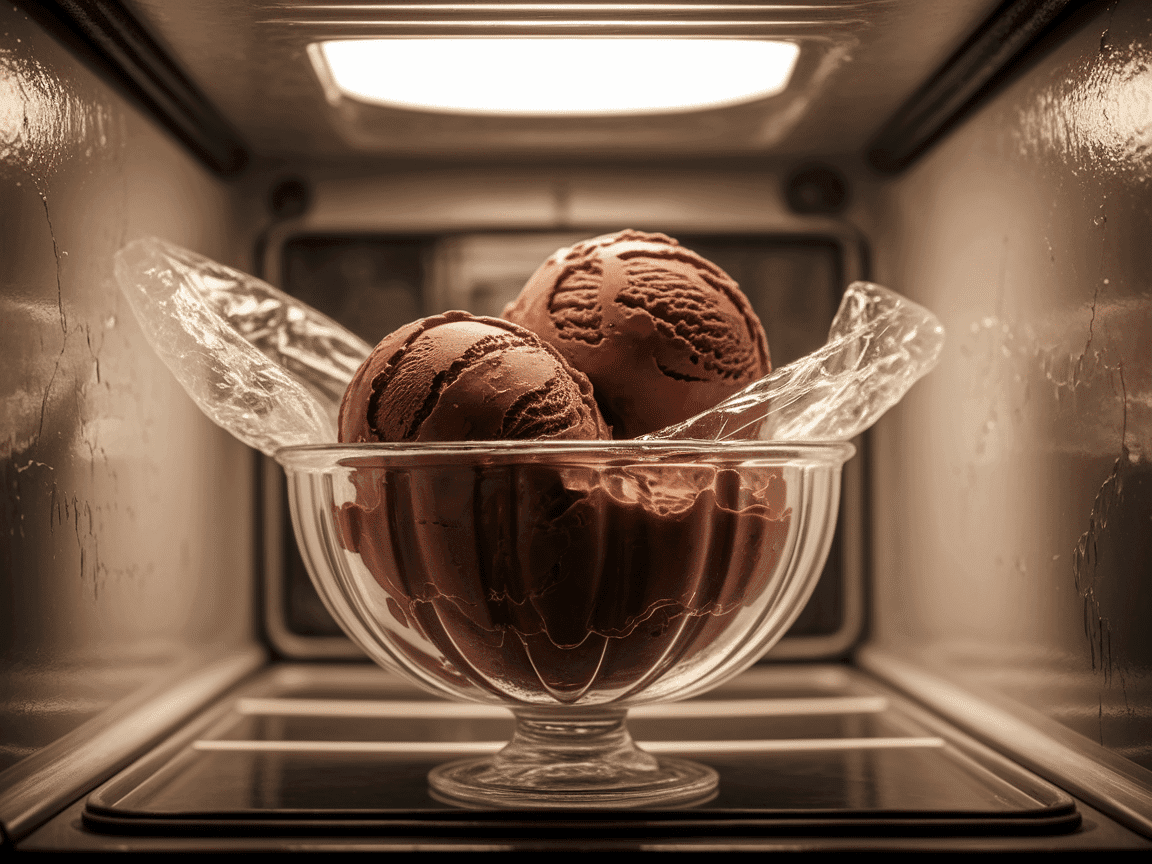 Chocolate ice cream base in glass bowl, covered with plastic wrap, inside refrigerator