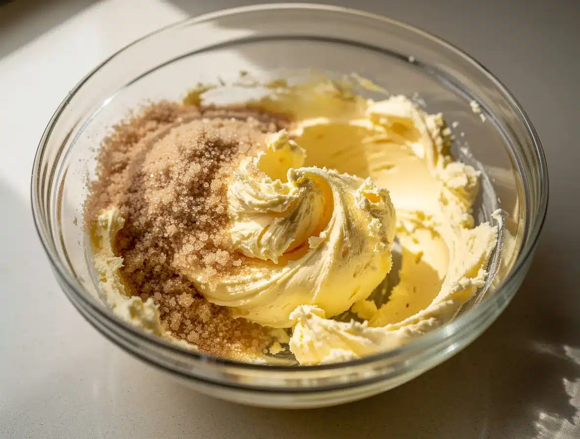 Macro shot of softened butter and brown erythritol being creamed together in a glass bowl, professional food photography.