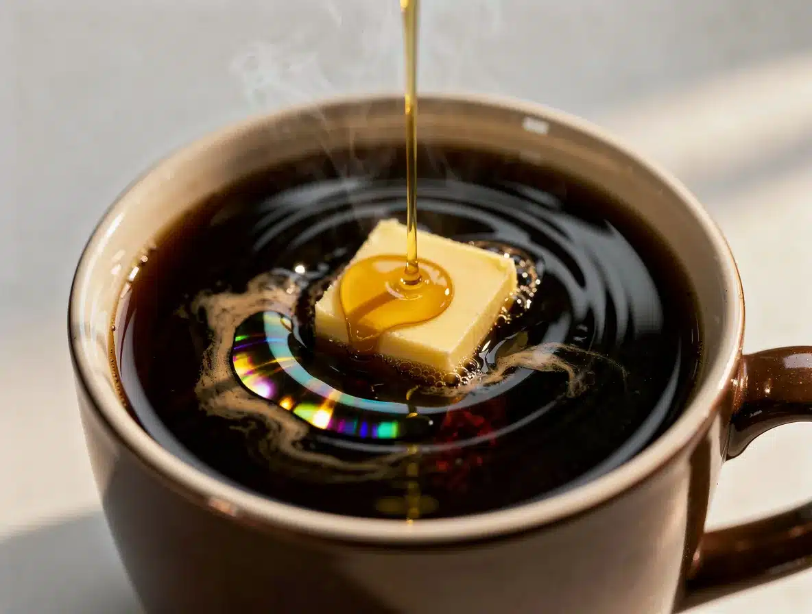 A pat of golden butter and clear oil being dropped into hot coffee, oil droplets shimmering on the surface.