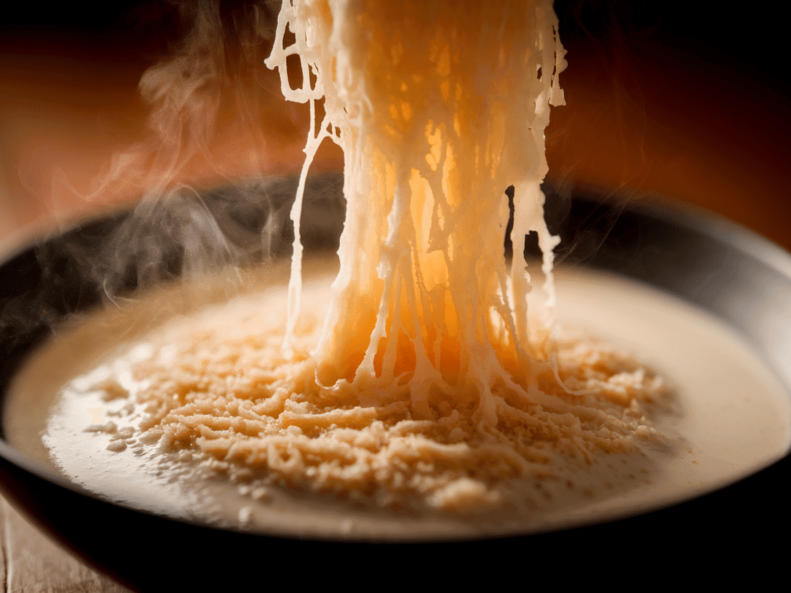 Grated Parmesan cheese melting into a bubbling white cream sauce.
