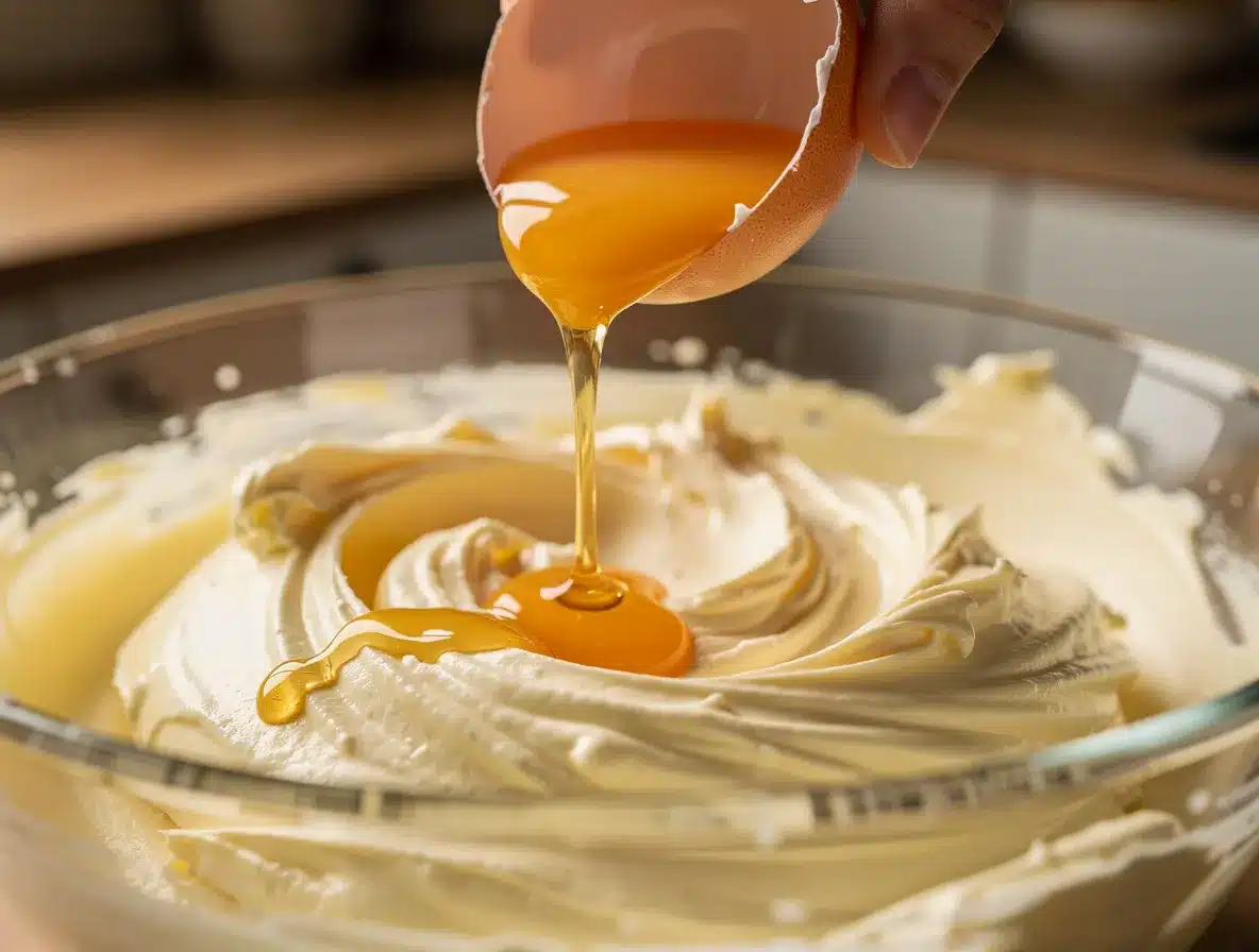 A large egg being cracked into a creamy butter mixture, vanilla extract drops visible, soft kitchen lighting.