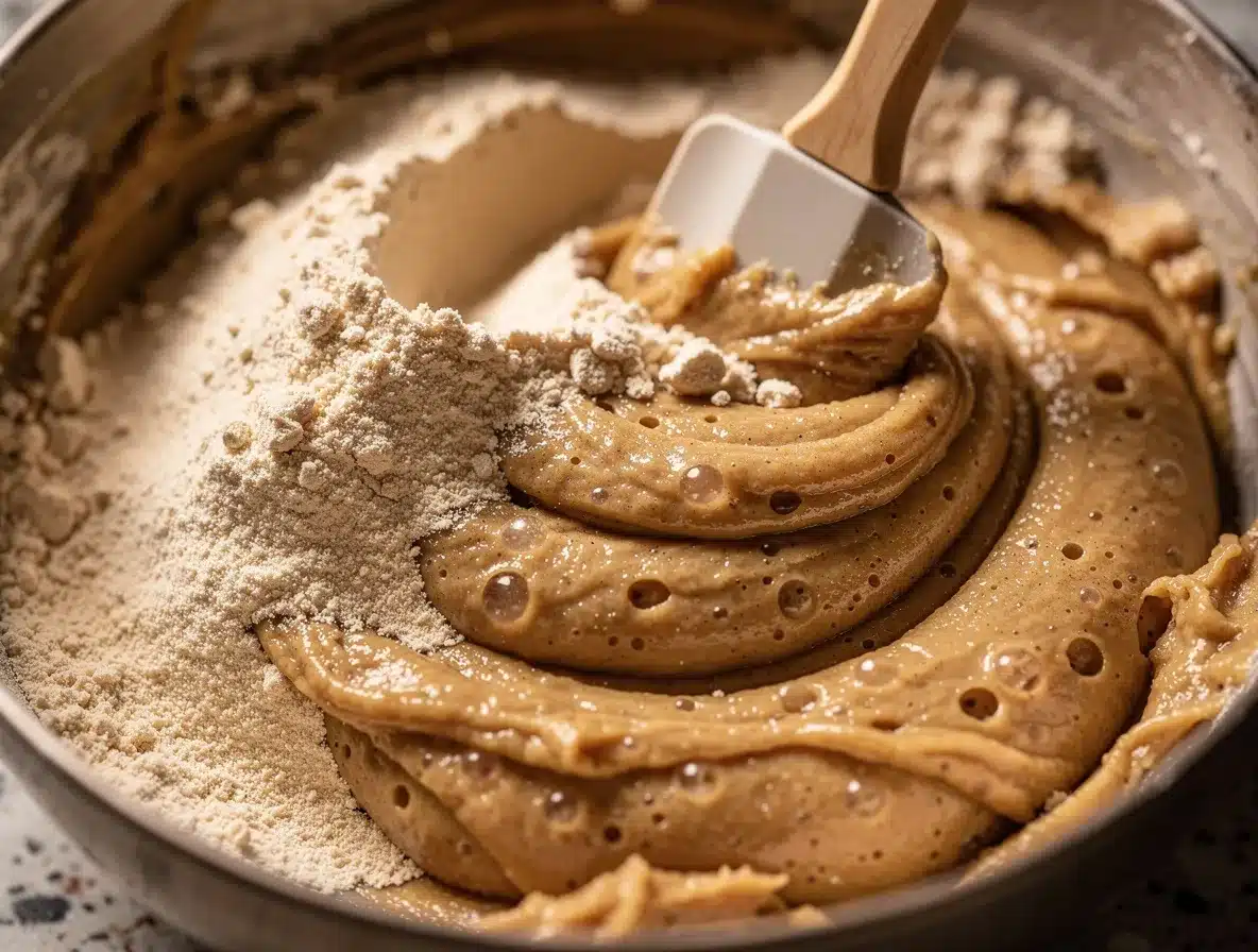 Almond flour being folded into a cookie dough base with a spatula, rich texture, high detail.