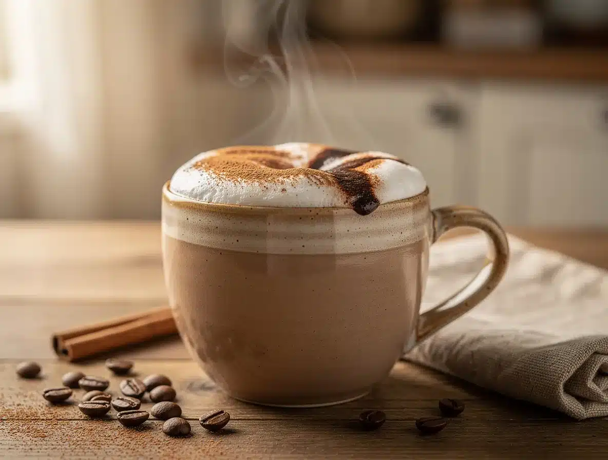 Final Creamy Keto Cinnamon Mocha Latte in a cozy mug, thick foam on top, cinnamon dust, lifestyle setting.