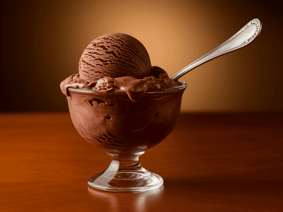 Bowl of chocolate ice cream with spoon, melty texture, professional photography