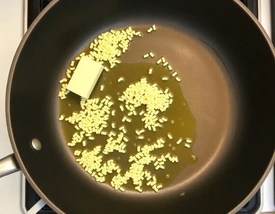 Sauté the Garlic Heat butter and olive oil in a large skillet over medium heat. Add the minced garlic and sauté for 1 minute until fragrant but not browned.