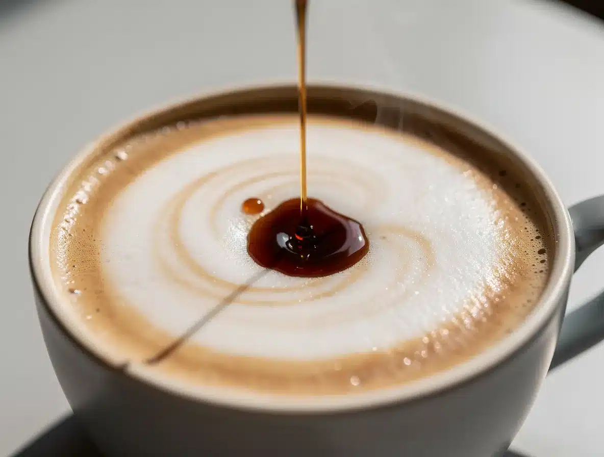 Vanilla extract being dropped into a frothy latte, soft lighting, professional food photography.