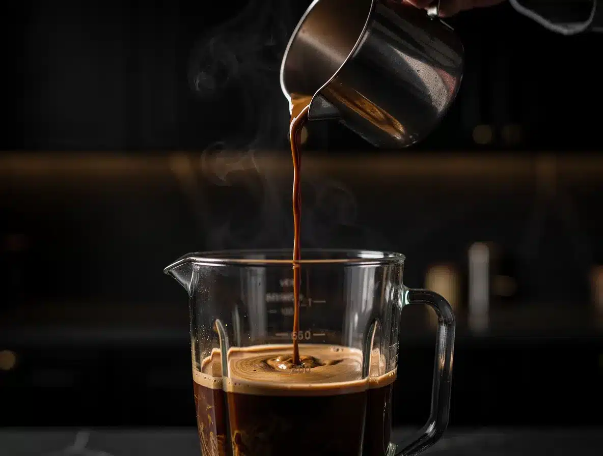 Rich dark espresso being poured into a blender jar, steam rising, dark aesthetic kitchen background.