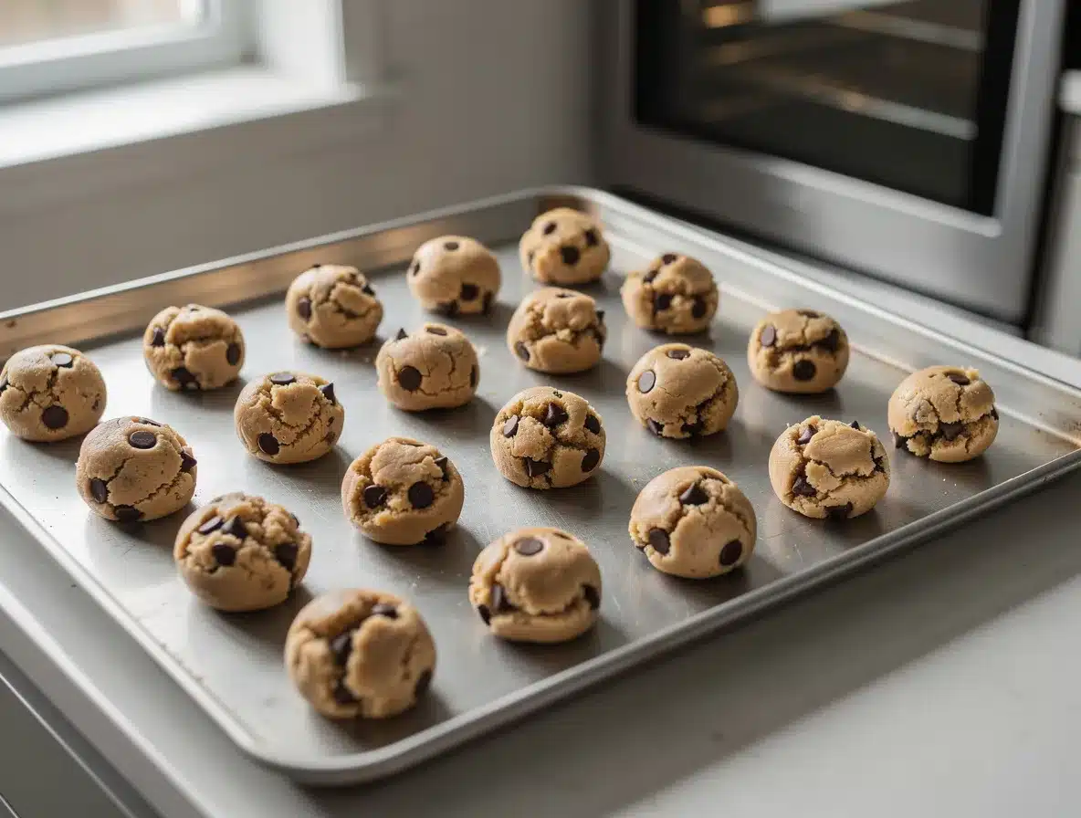 Raw cookie dough balls on a baking sheet, perfectly spaced, before entering a modern oven.