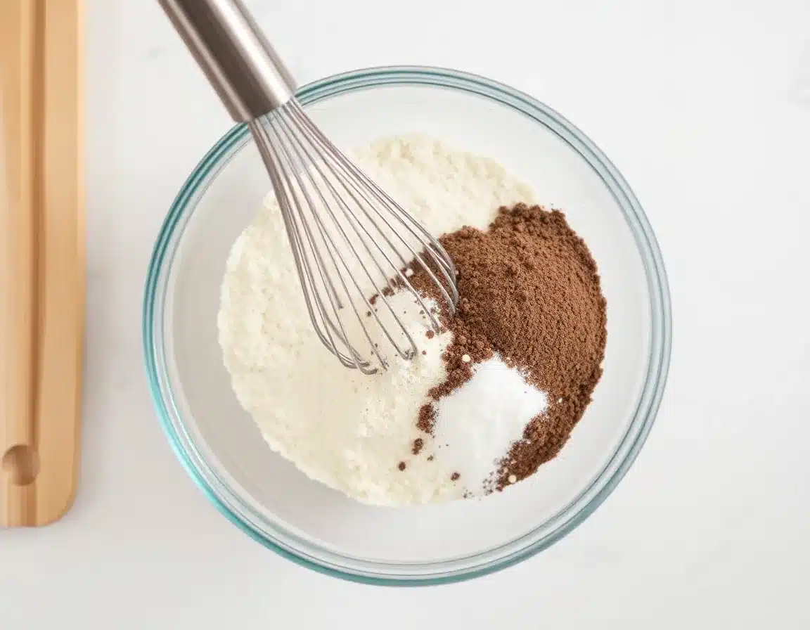 A top-down view of a glass bowl containing almond flour and dark psyllium powder being whisked together, clean kitchen background, professional food photography.