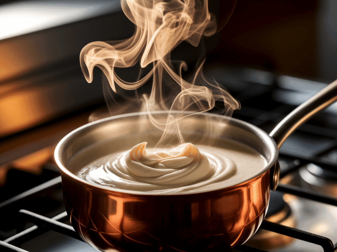 Heavy cream heating in a saucepan, steam rising, professional kitchen photography