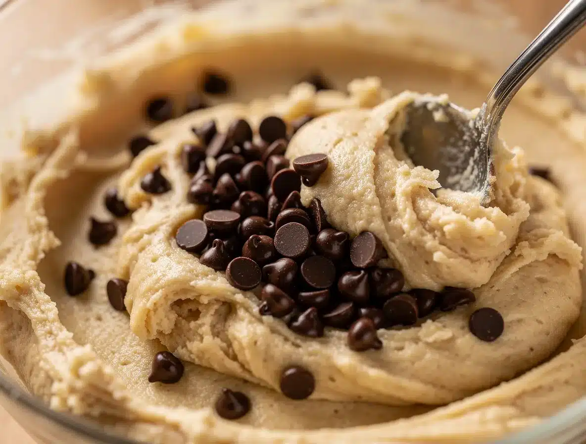 Sugar-free chocolate chips being stirred into a thick, pale cookie dough, close-up.