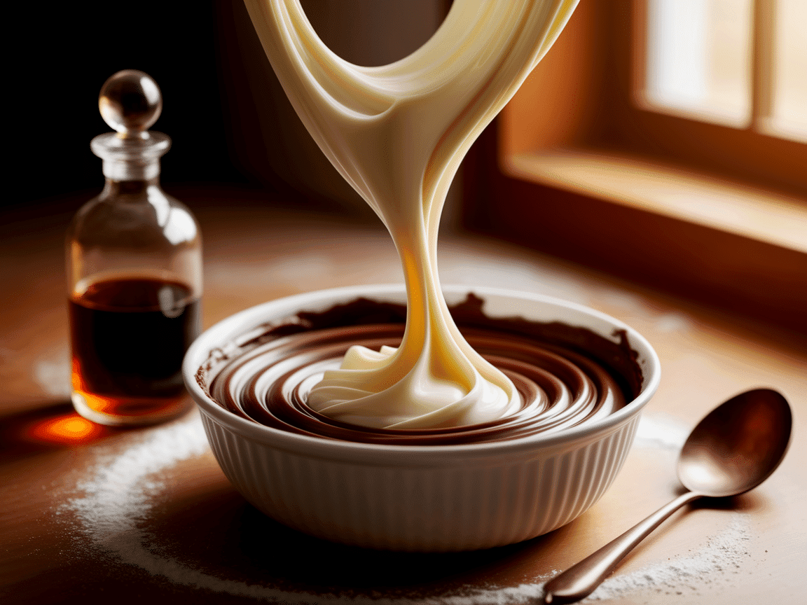 Cream cheese being added to chocolate mixture, vanilla extract bottle, smooth consistency