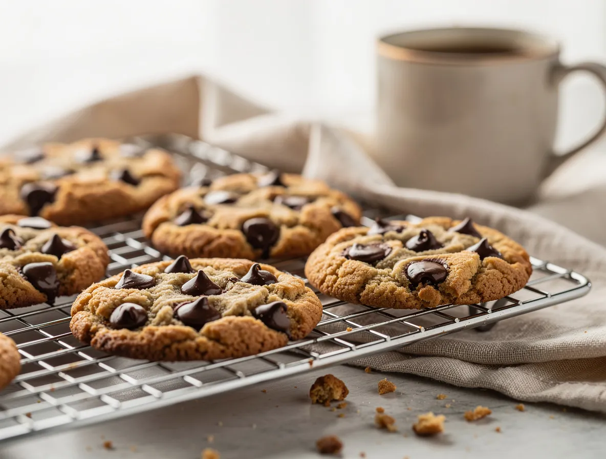 Final baked Keto Chocolate Chip Cookies on a wire rack, golden edges, melted chocolate, aesthetic lifestyle shot.