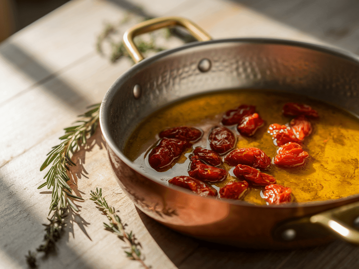 Sizzling garlic and sun-dried tomatoes in a pan with herb-infused oil.