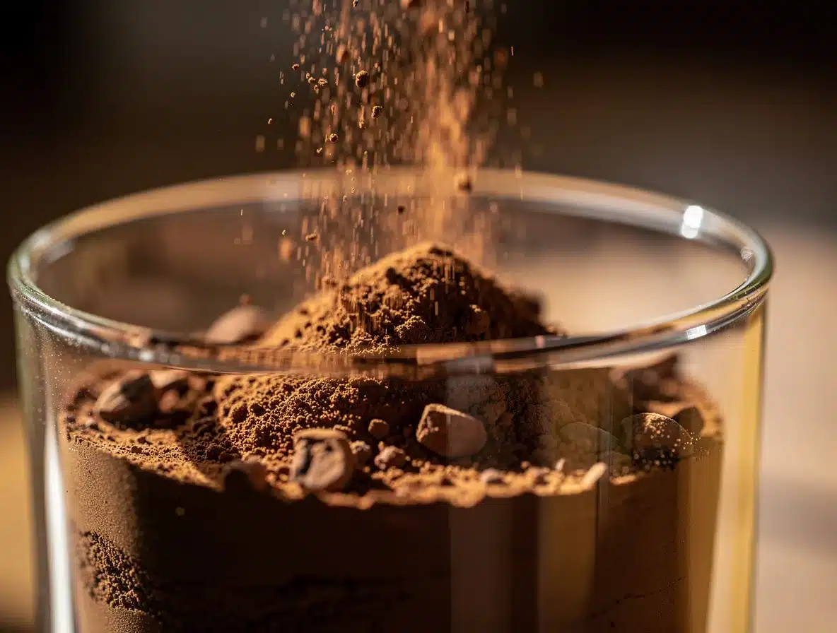 Macro shot of brown cocoa powder and cinnamon being measured into a glass container.