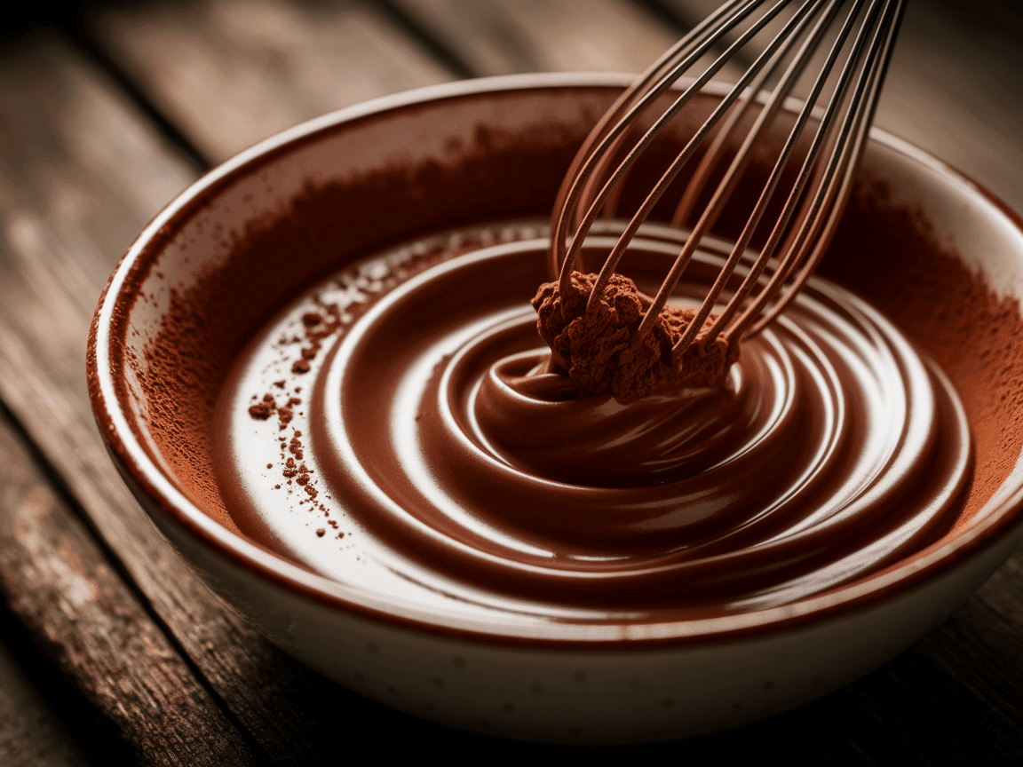 Cocoa powder being whisked into warm cream, dark brown mixture, smooth texture