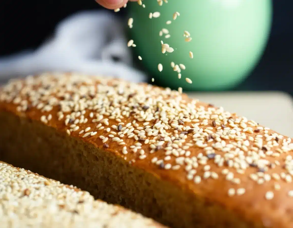 Macro shot of sesame seeds being sprinkled over a raw keto bread loaf, focus on the texture of the seeds.