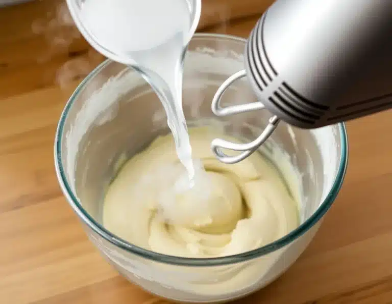 Steaming boiling water being poured into a mixing bowl while a hand mixer creates a thick, elastic dough