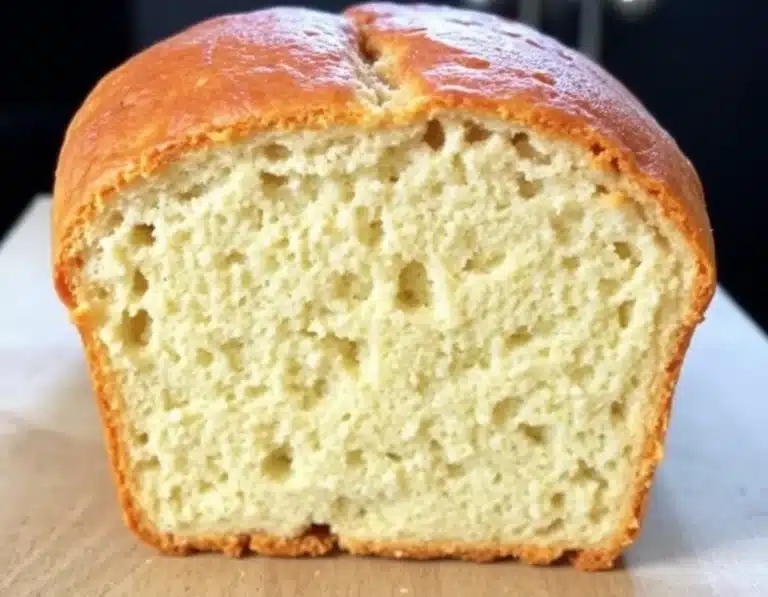 Final baked Psyllium Power Bread, golden-brown crust, steam rising, sliced to show the airy crumb inside.