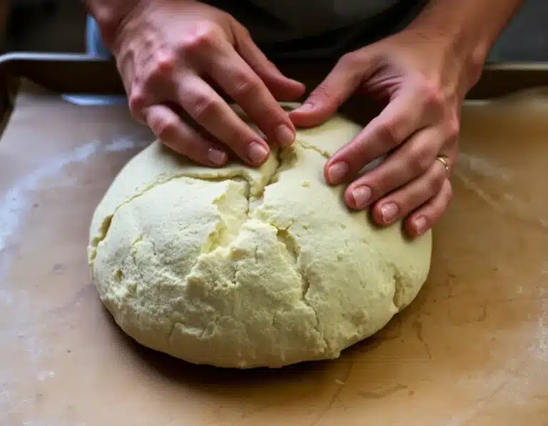 Hands shaping a rustic, rounded bread loaf on a baking sheet, textured dough visible, soft lighting.